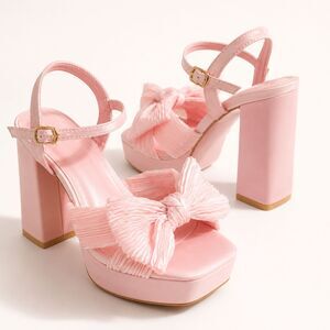 Baby Pink Platform Bow Stappy Block Heel Open Square Toe Size 8.5
